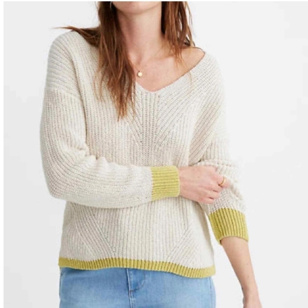Madewell Cream and Green Women's 100% Cotton Sweater_Small